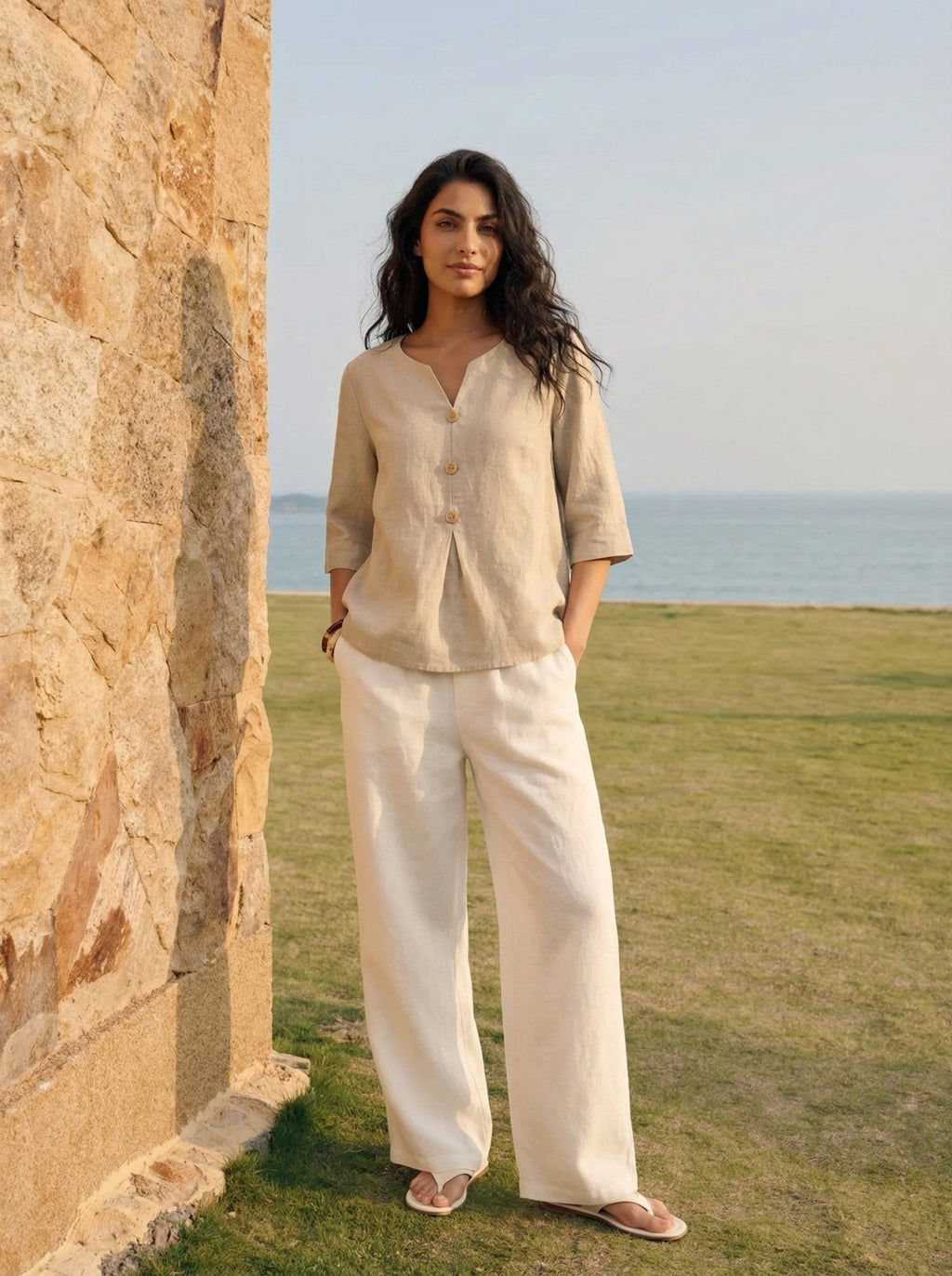 100% Linen Split Neck Inverted Pleat Top TABITHA - FreshFinds