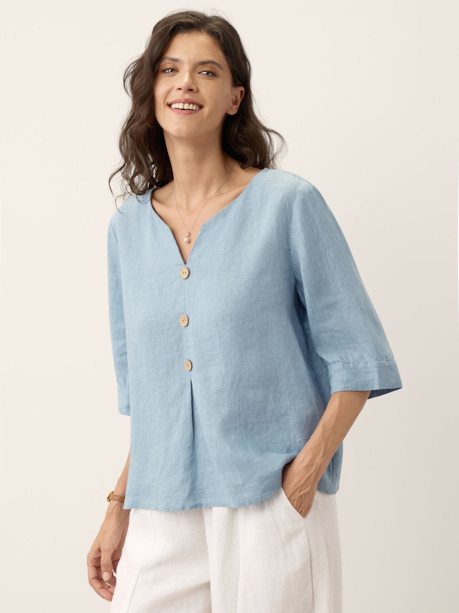 100% Linen Split Neck Inverted Pleat Top TABITHA - FreshFinds