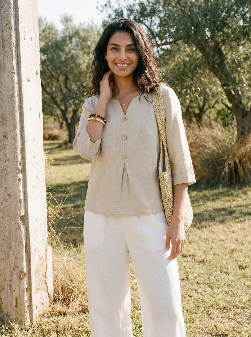 100% Linen Split Neck Inverted Pleat Top TABITHA - FreshFinds