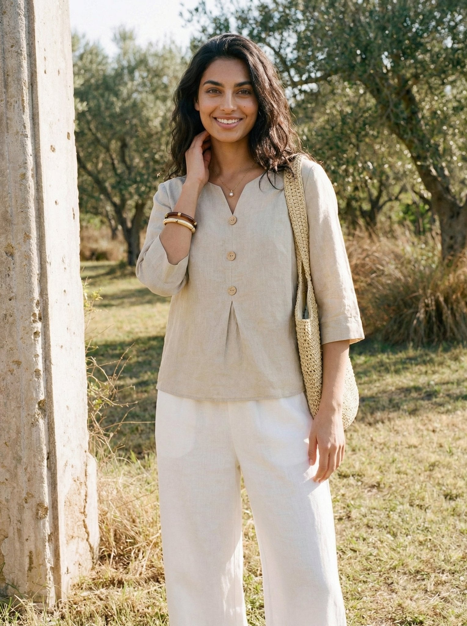 100% Linen Split Neck Inverted Pleat Top TABITHA - FreshFinds