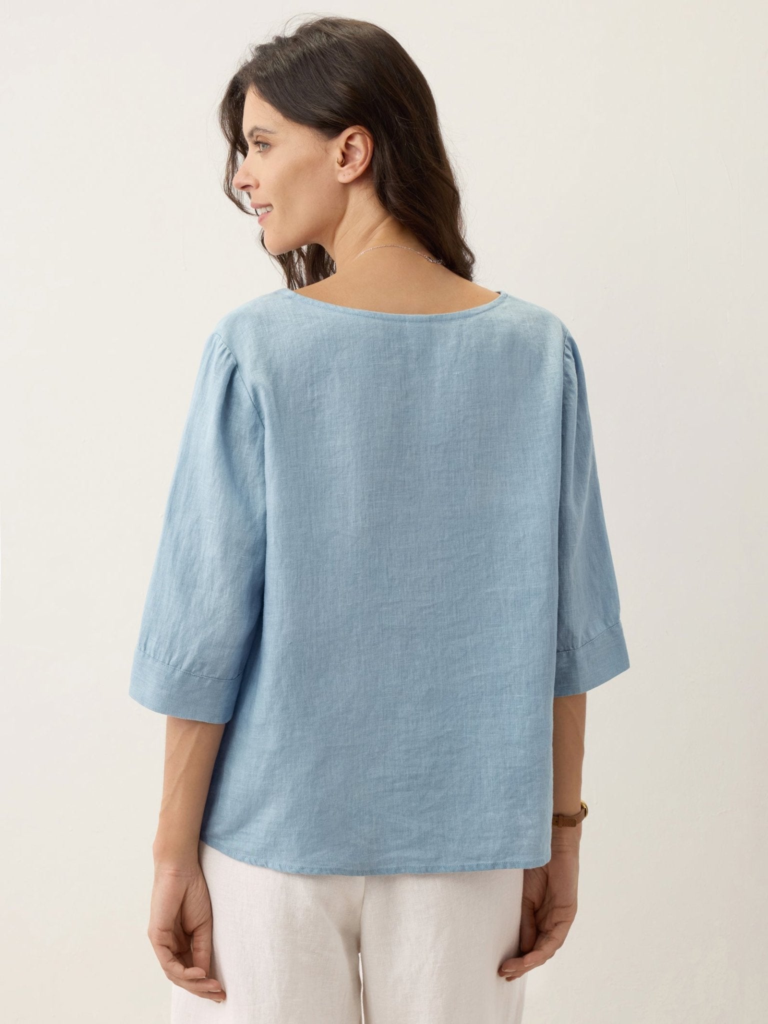 100% Linen Split Neck Inverted Pleat Top TABITHA - FreshFinds