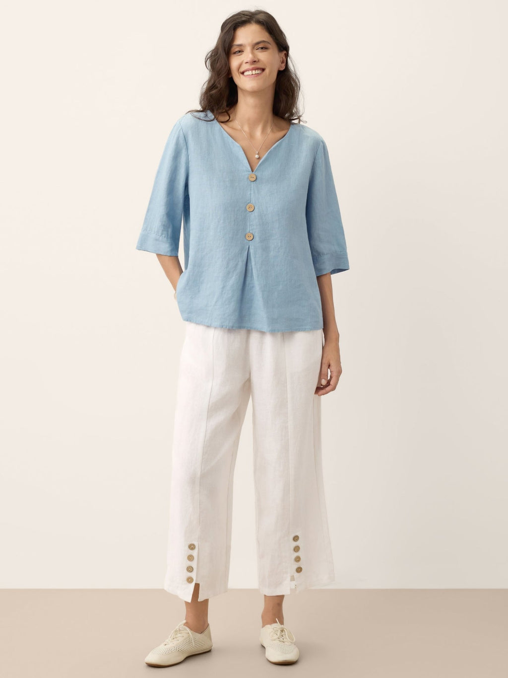 100% Linen Split Neck Inverted Pleat Top TABITHA - FreshFinds