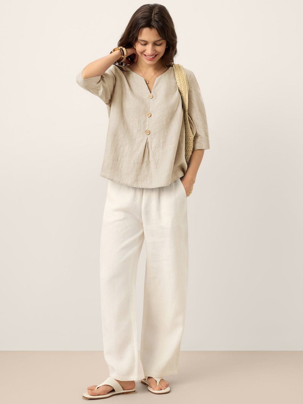 100% Linen Split Neck Inverted Pleat Top TABITHA - FreshFinds
