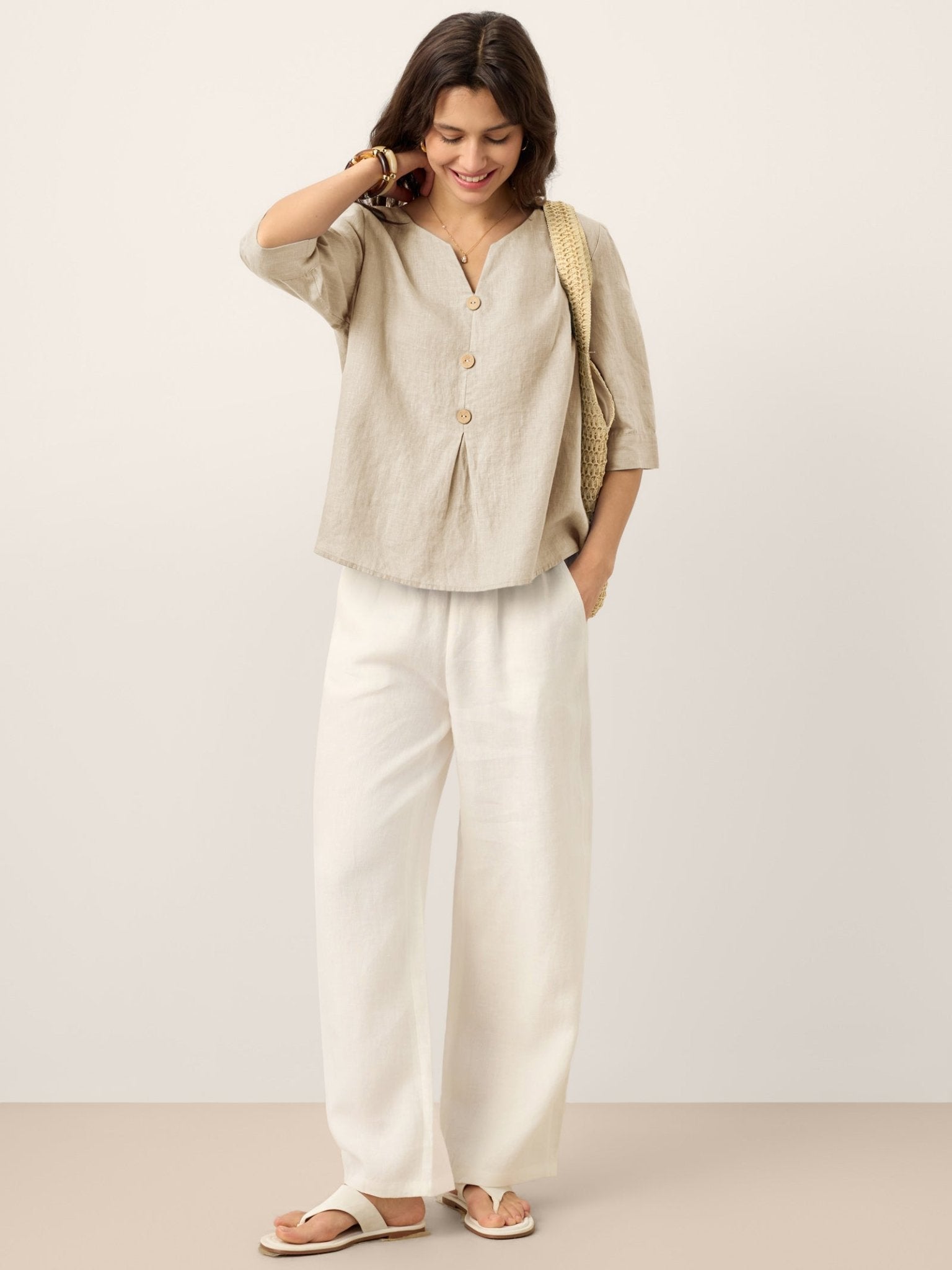100% Linen Split Neck Inverted Pleat Top TABITHA - FreshFinds