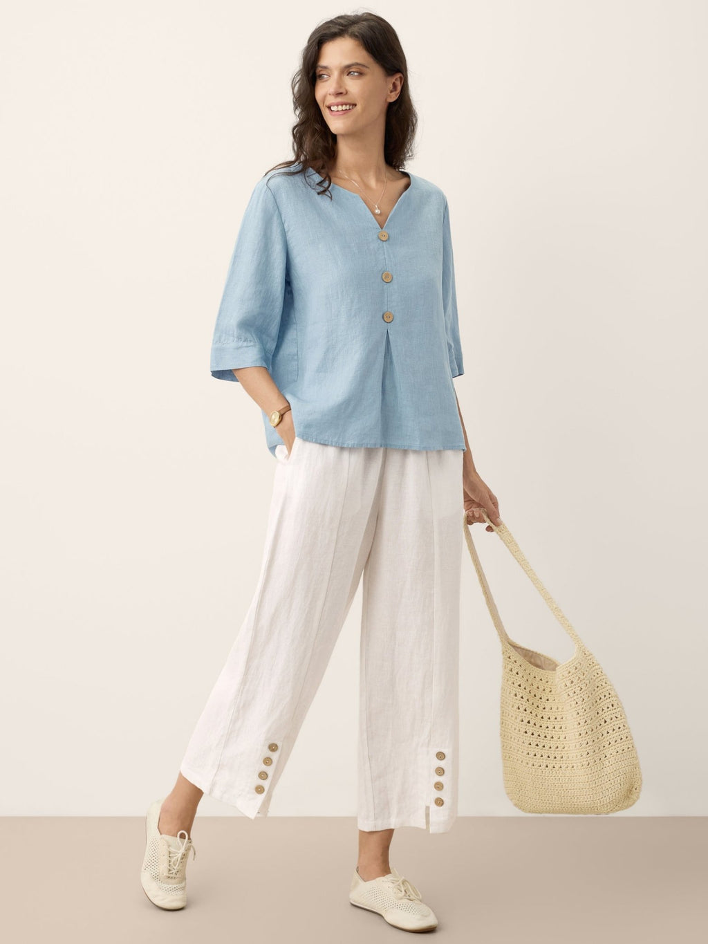 100% Linen Split Neck Inverted Pleat Top TABITHA - FreshFinds