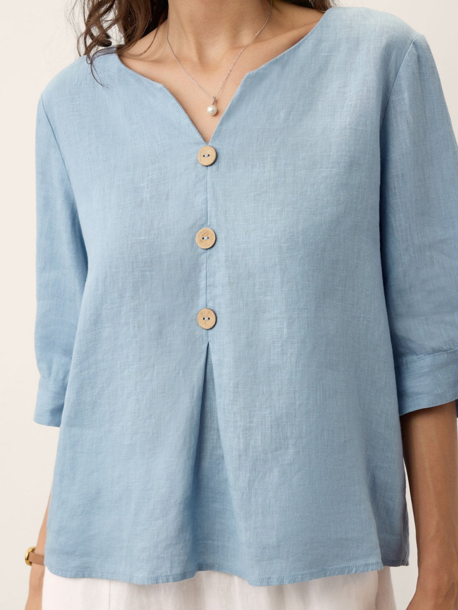 100% Linen Split Neck Inverted Pleat Top TABITHA - FreshFinds