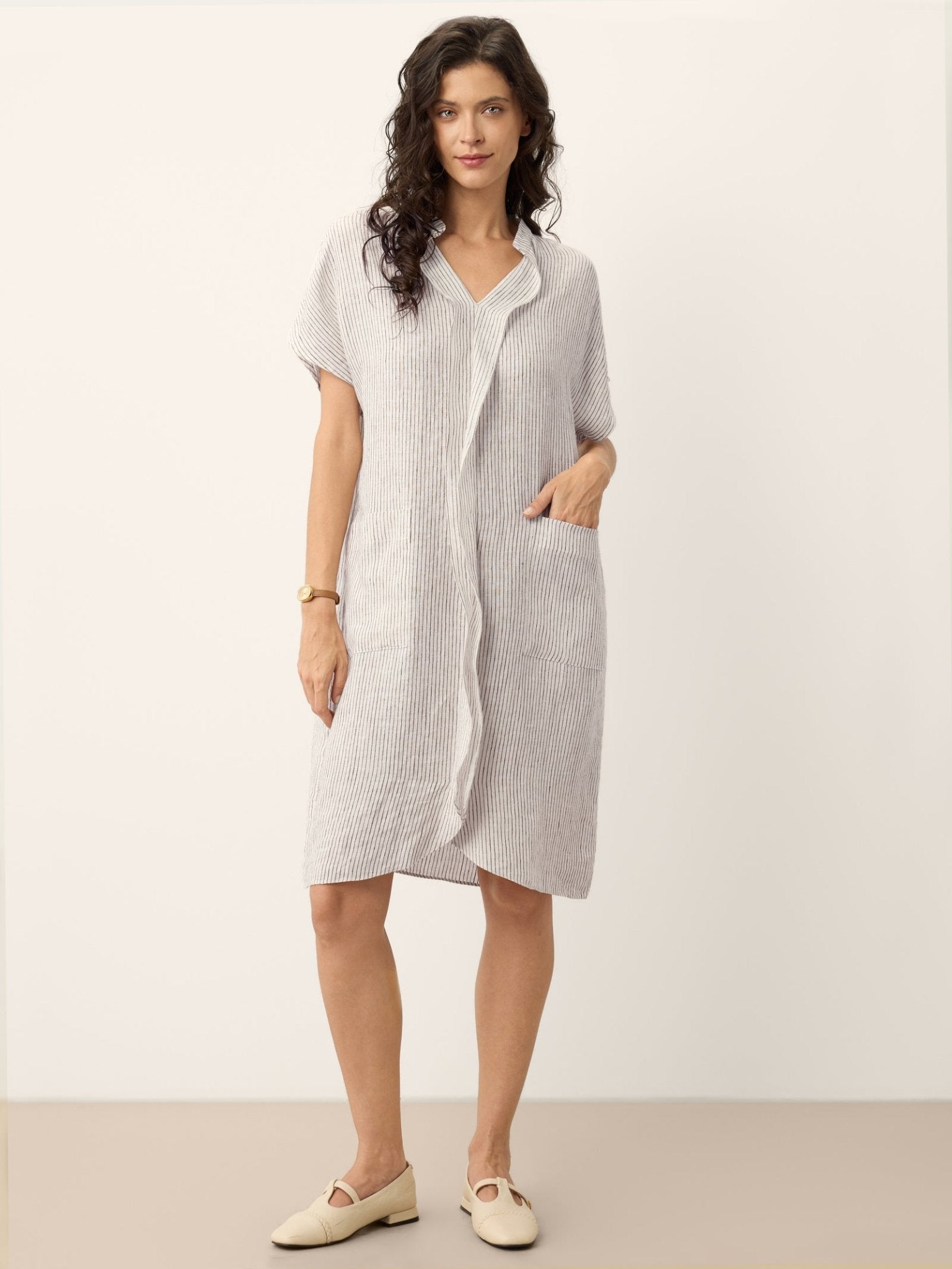 100% Linen Striped Ruffle Placket Shirt Dress GLORIA - FreshFinds