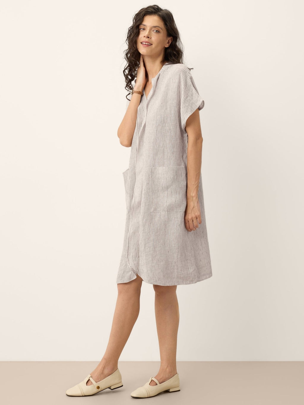 100% Linen Striped Ruffle Placket Shirt Dress GLORIA - FreshFinds