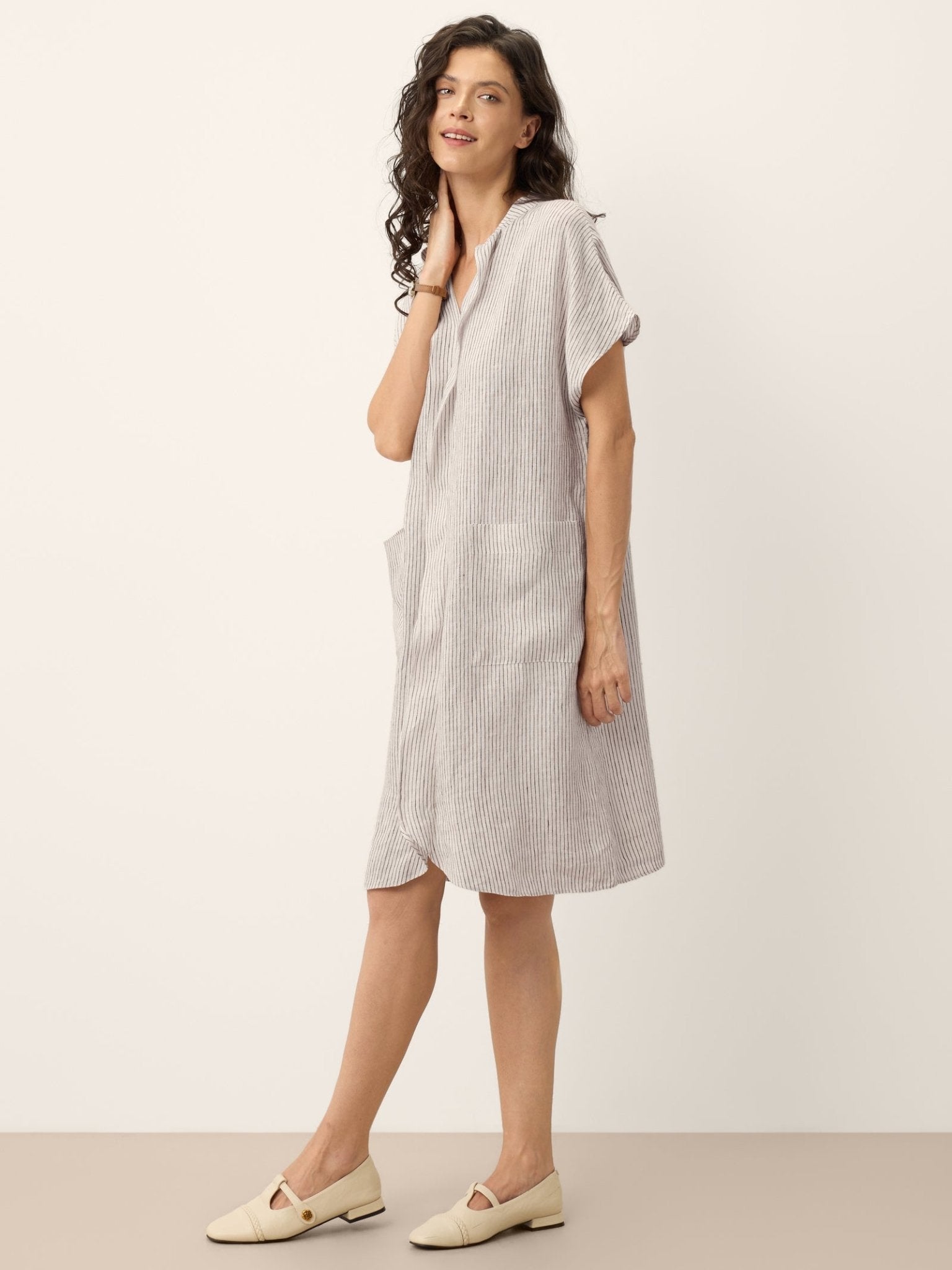 100% Linen Striped Ruffle Placket Shirt Dress GLORIA - FreshFinds
