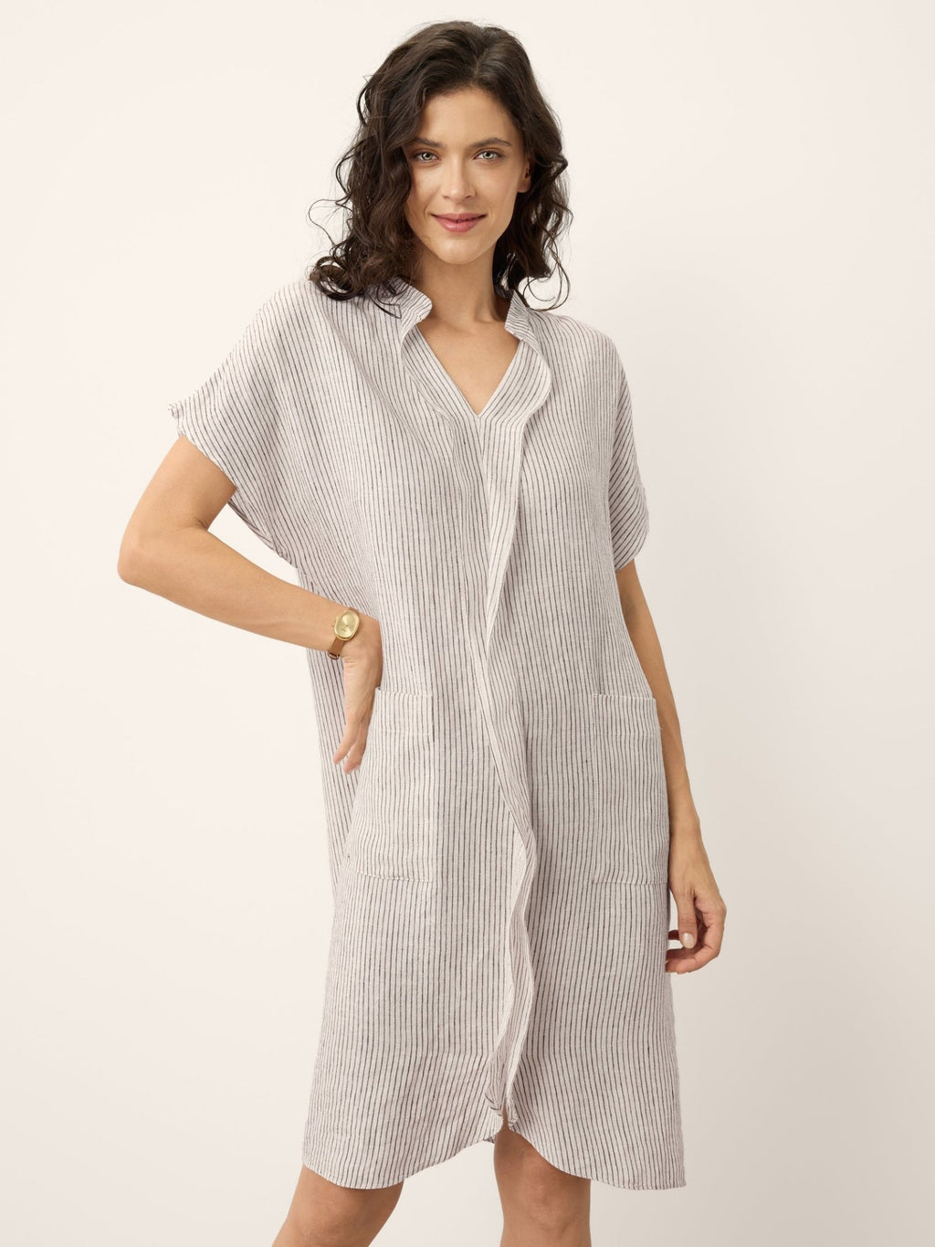 100% Linen Striped Ruffle Placket Shirt Dress GLORIA - FreshFinds