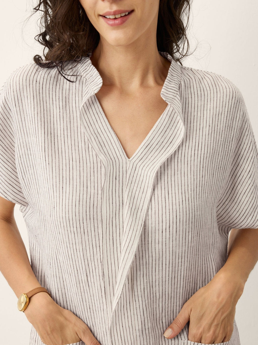 100% Linen Striped Ruffle Placket Shirt Dress GLORIA - FreshFinds