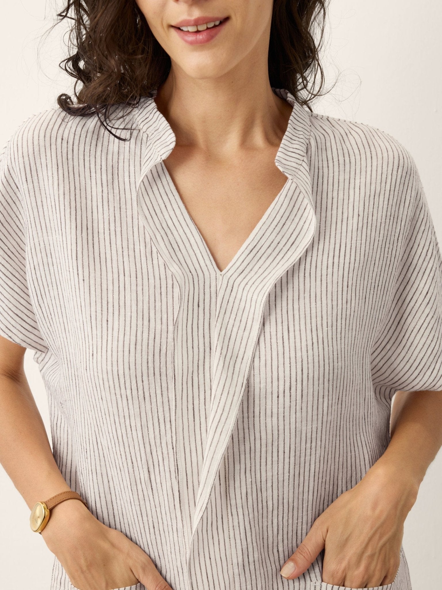 100% Linen Striped Ruffle Placket Shirt Dress GLORIA - FreshFinds