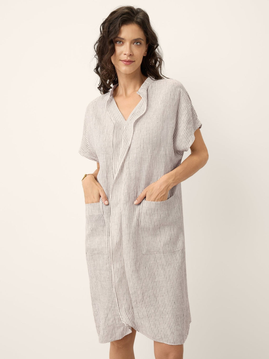 100% Linen Striped Ruffle Placket Shirt Dress GLORIA - FreshFinds