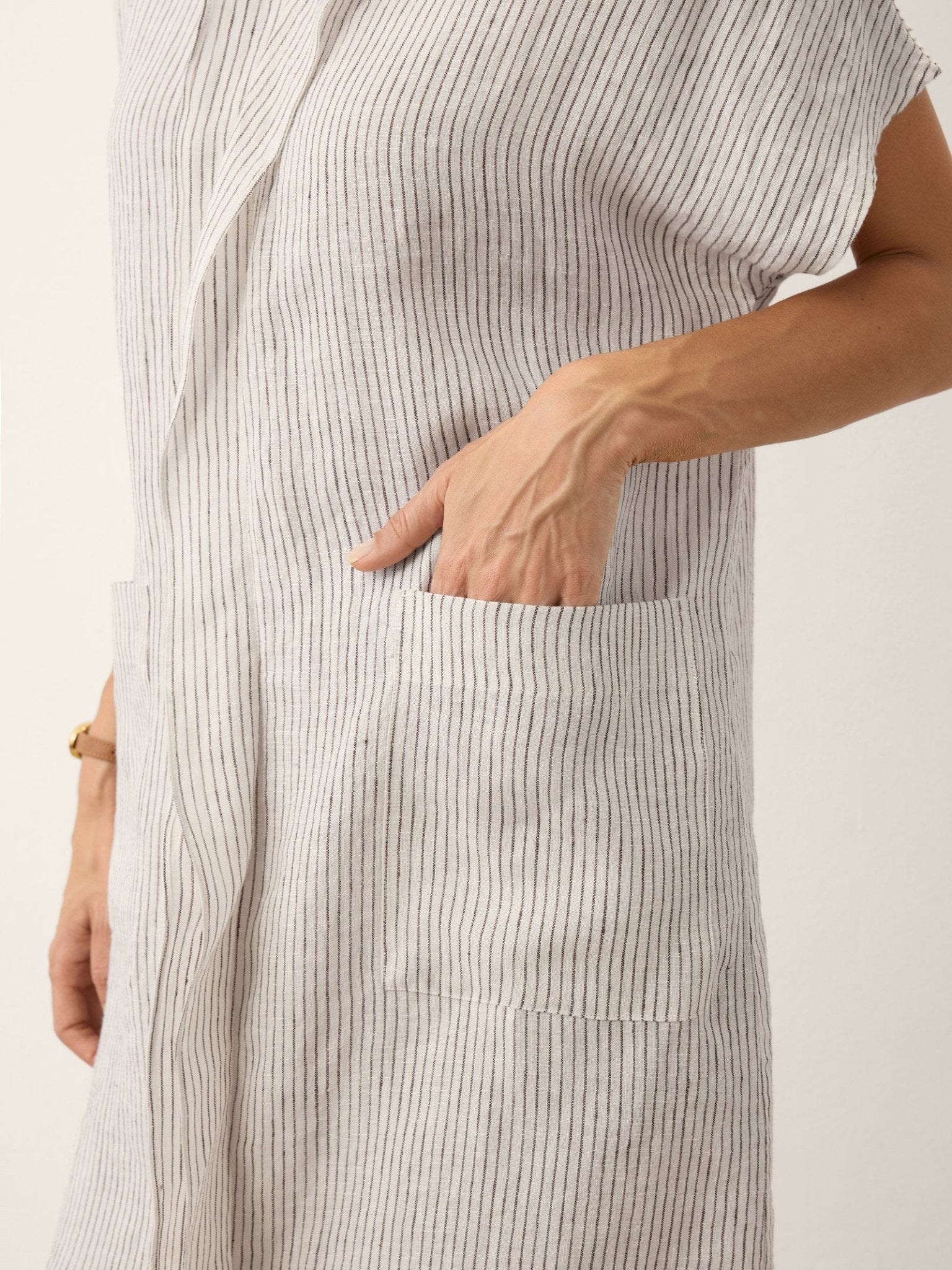 100% Linen Striped Ruffle Placket Shirt Dress GLORIA - FreshFinds