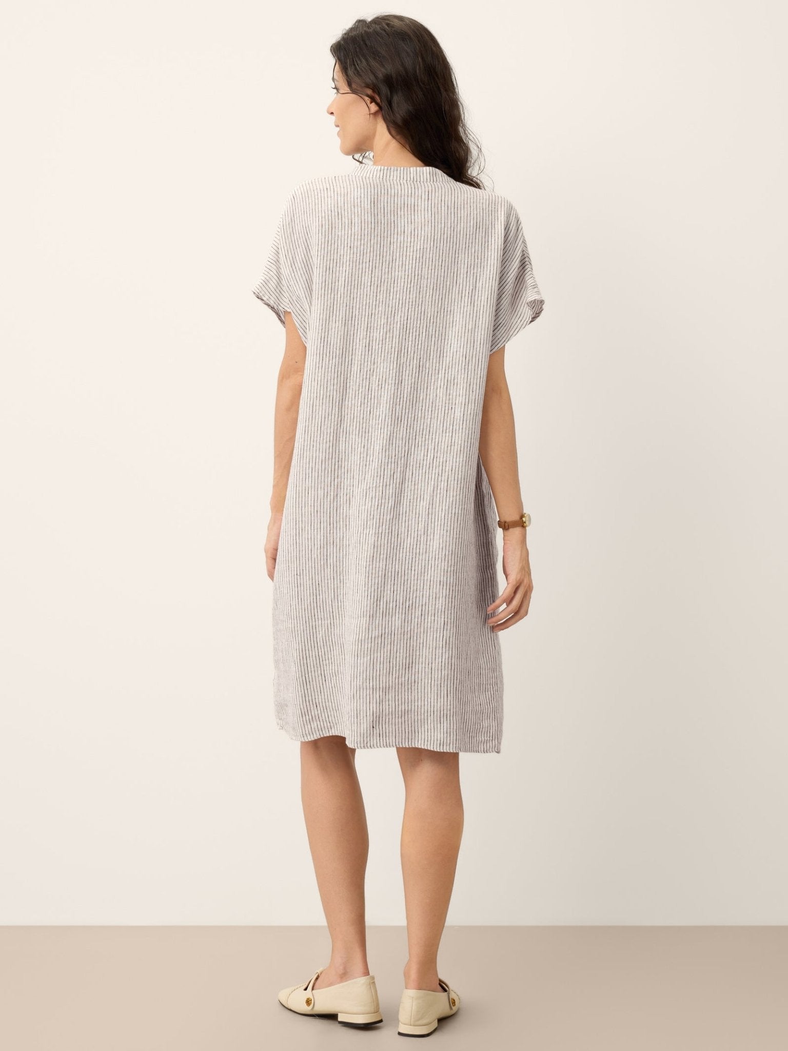 100% Linen Striped Ruffle Placket Shirt Dress GLORIA - FreshFinds