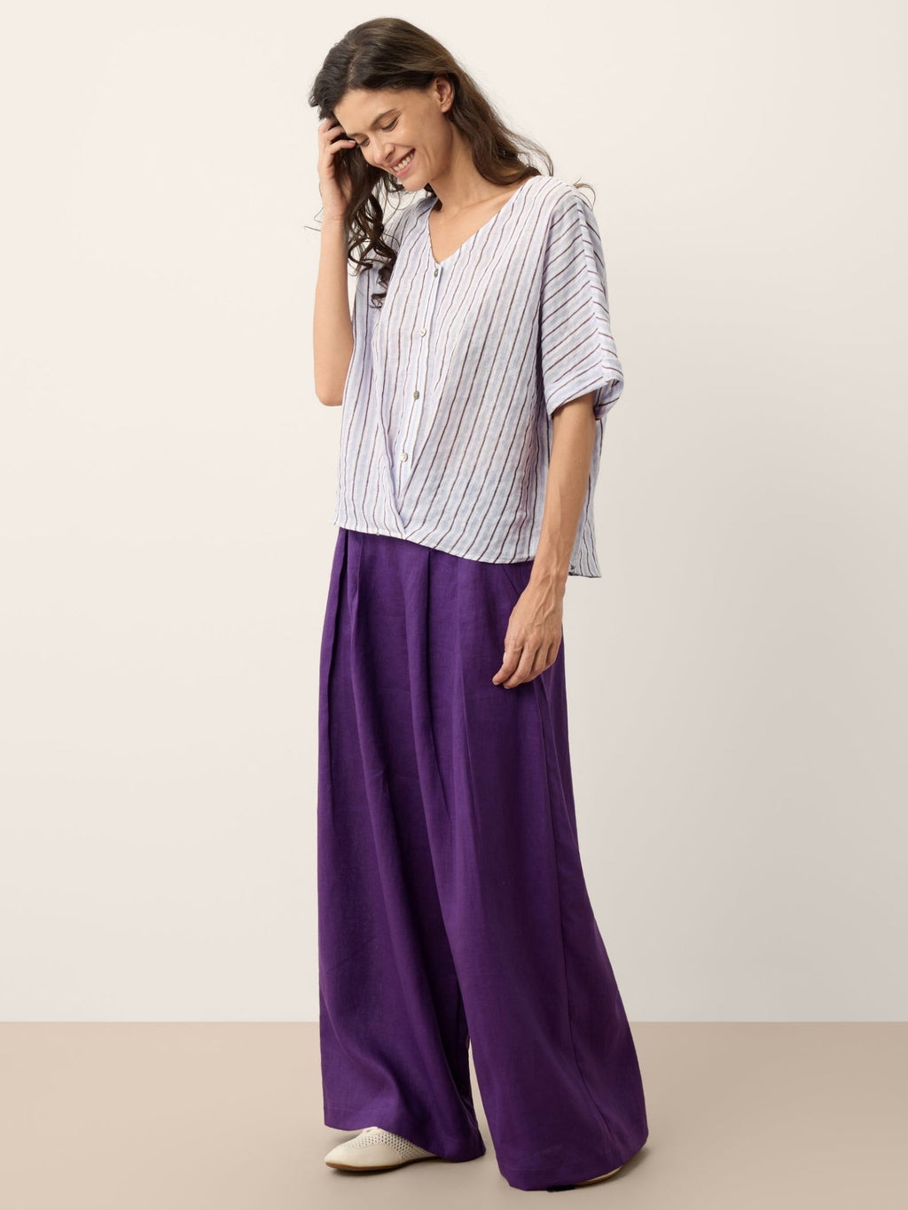 100% Linen Striped Surplice Cocoon Top CATHERINE - FreshFinds