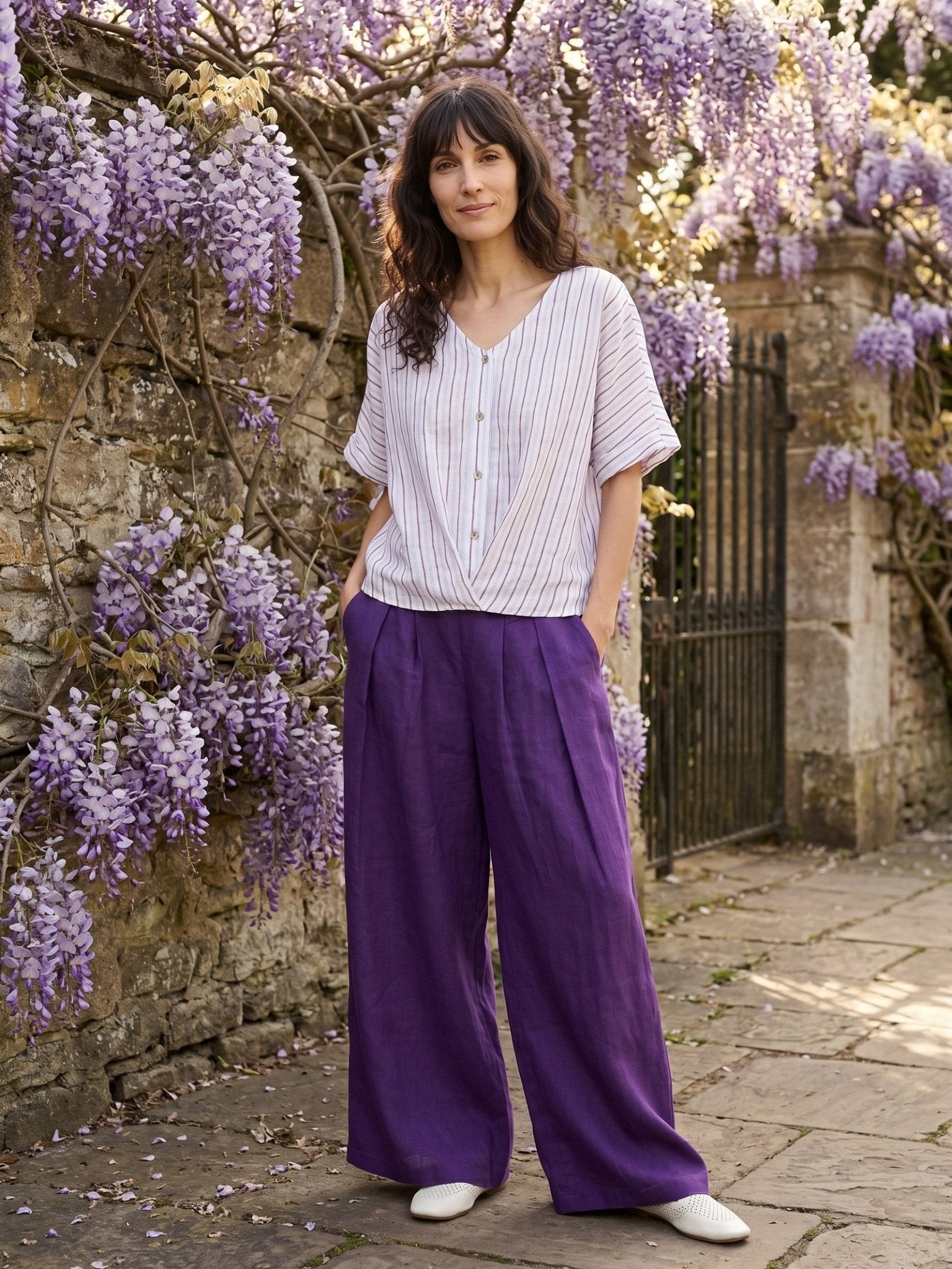 100% Linen Striped Surplice Cocoon Top CATHERINE - FreshFinds