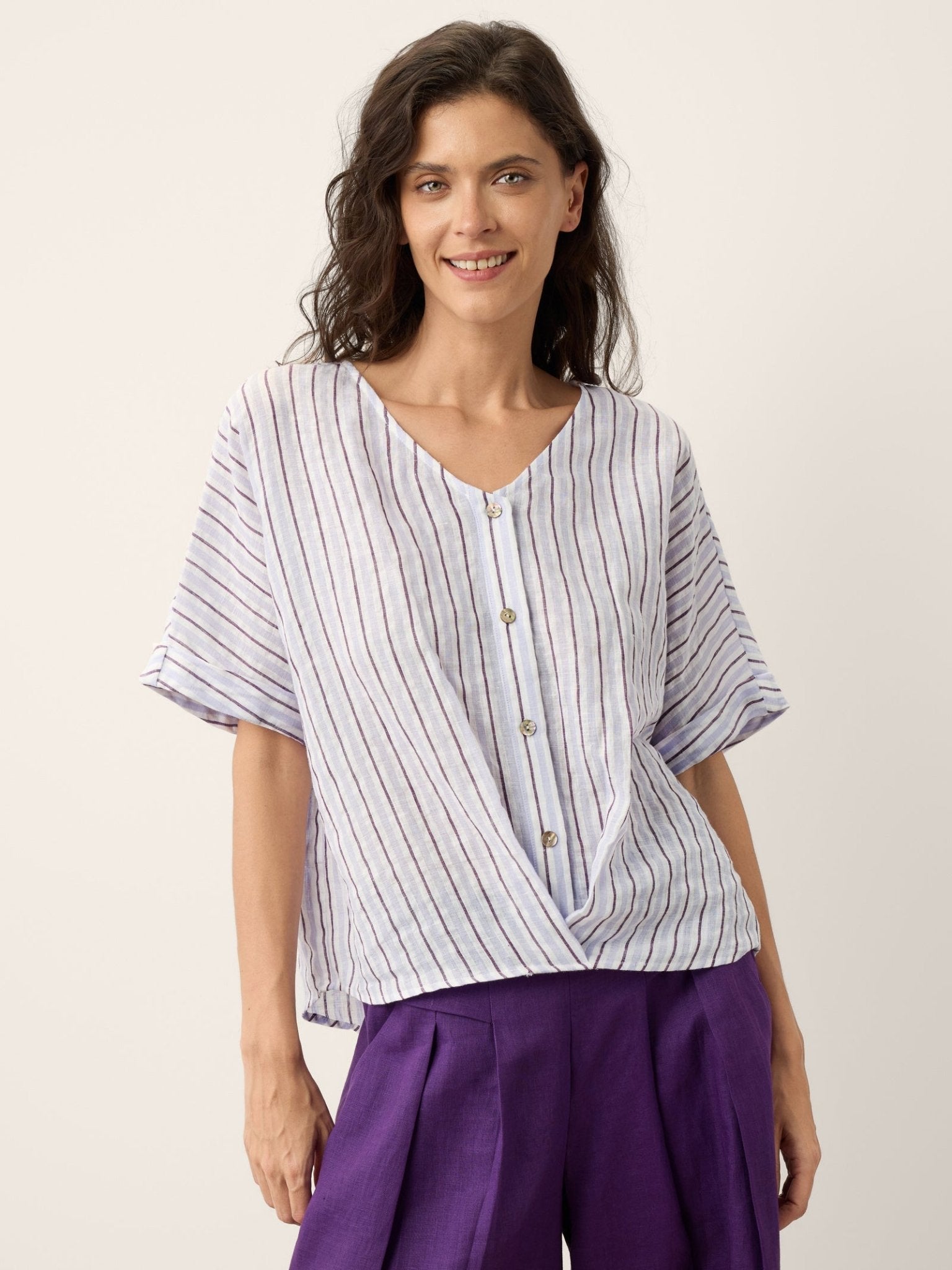 100% Linen Striped Surplice Cocoon Top CATHERINE - FreshFinds