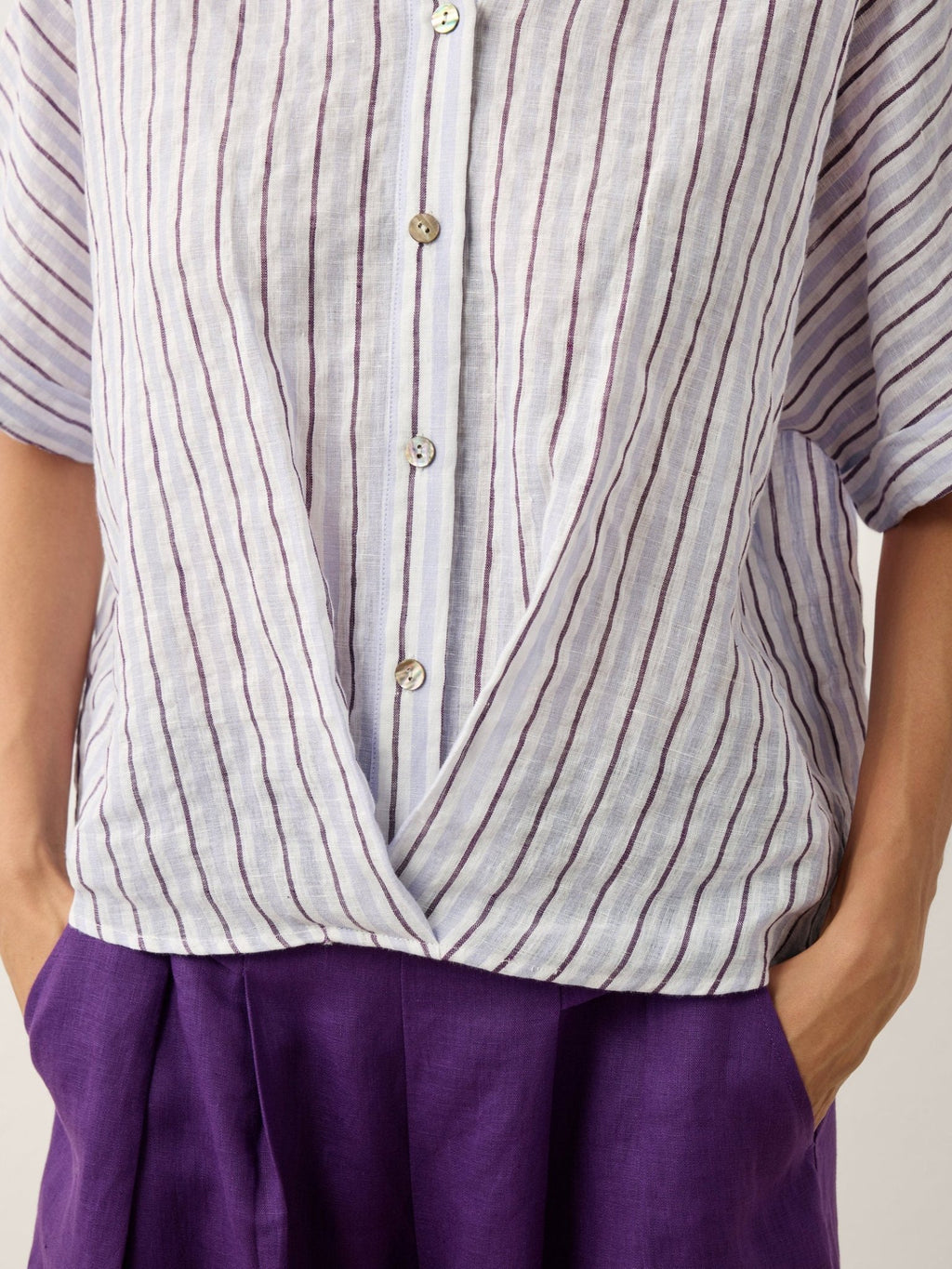 100% Linen Striped Surplice Cocoon Top CATHERINE - FreshFinds