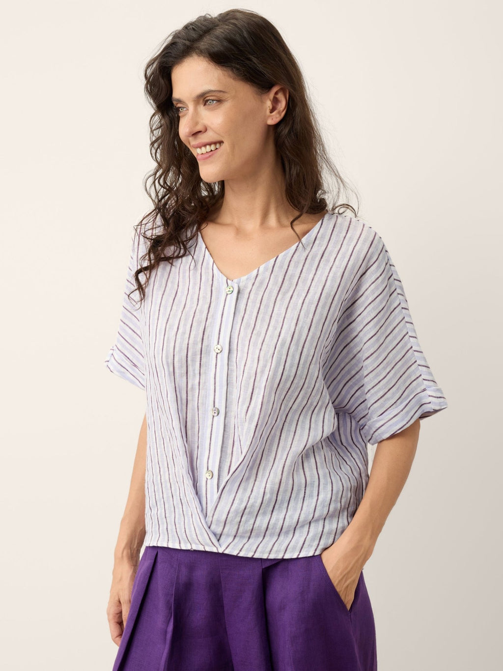 100% Linen Striped Surplice Cocoon Top CATHERINE - FreshFinds