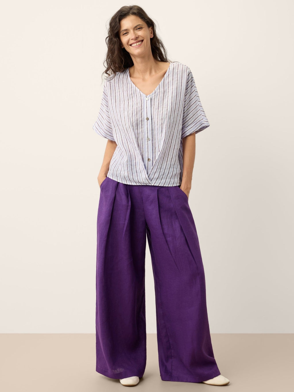 100% Linen Striped Surplice Cocoon Top CATHERINE - FreshFinds