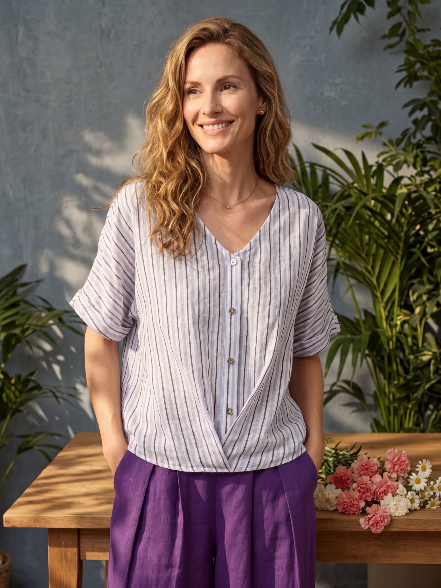 100% Linen Striped Surplice Cocoon Top CATHERINE - FreshFinds