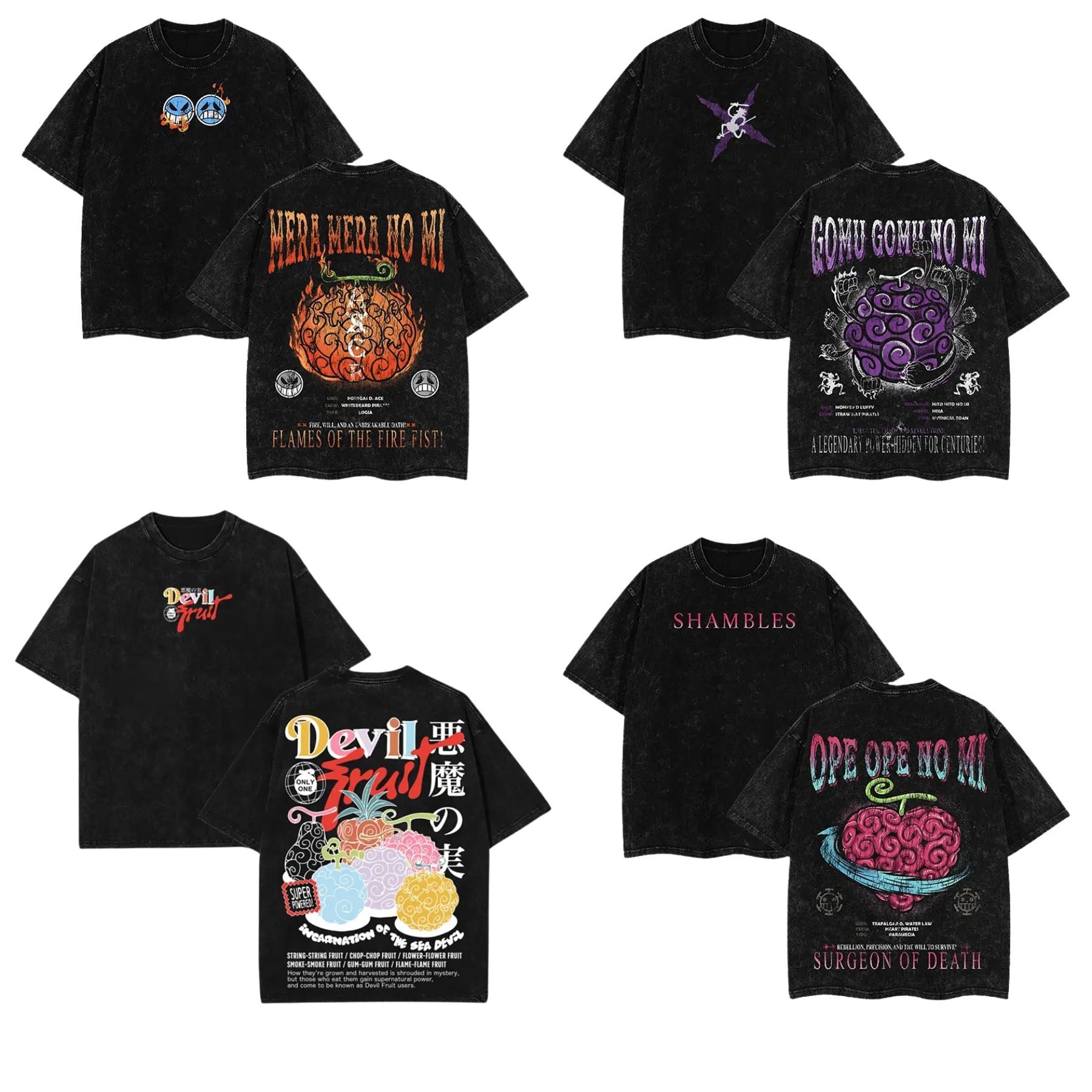 Devil Fruit One Piece Washed Tee – Vintage Manga Graphic Shirt, Oversized Streetwear