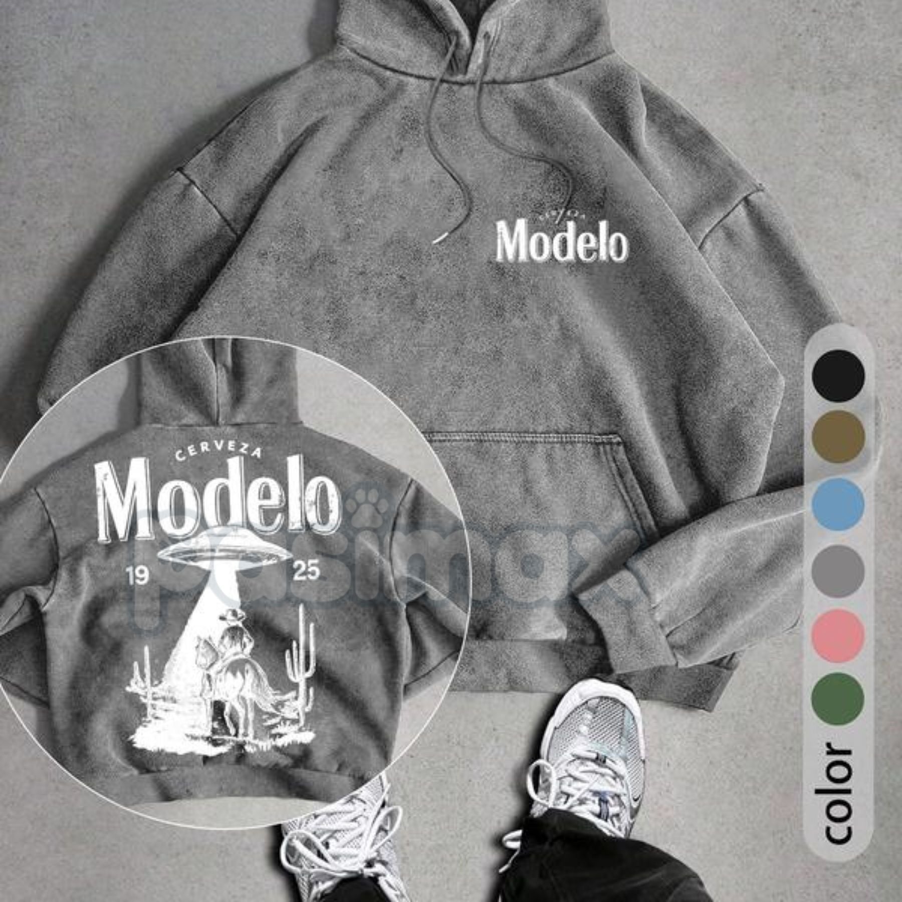 UFO Cowboy Showdown Hoodie – Men's Retro Washed Streetwear, Unique Graphic Pullover