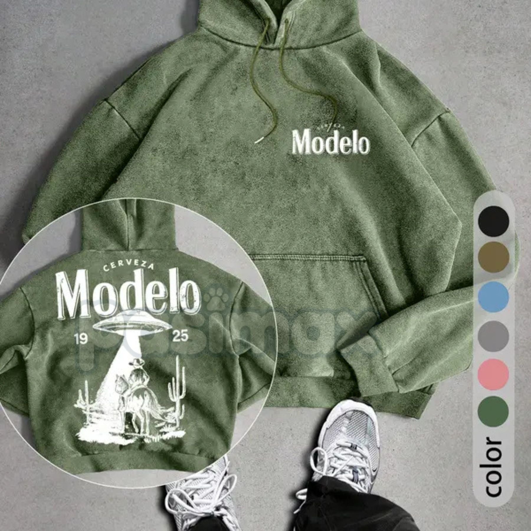 UFO Cowboy Showdown Hoodie – Men's Retro Washed Streetwear, Unique Graphic Pullover