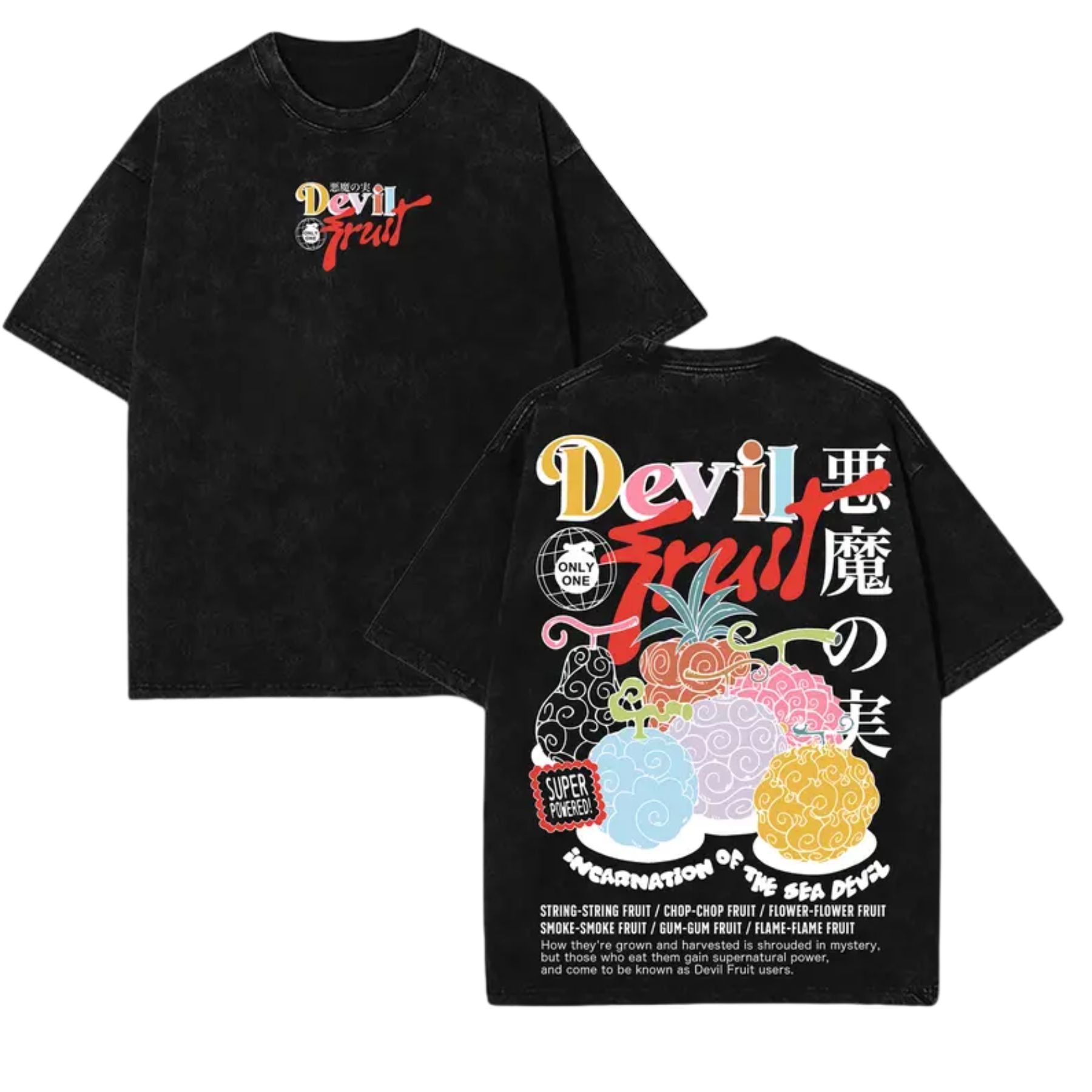 Devil Fruit One Piece Washed Tee – Vintage Manga Graphic Shirt, Oversized Streetwear