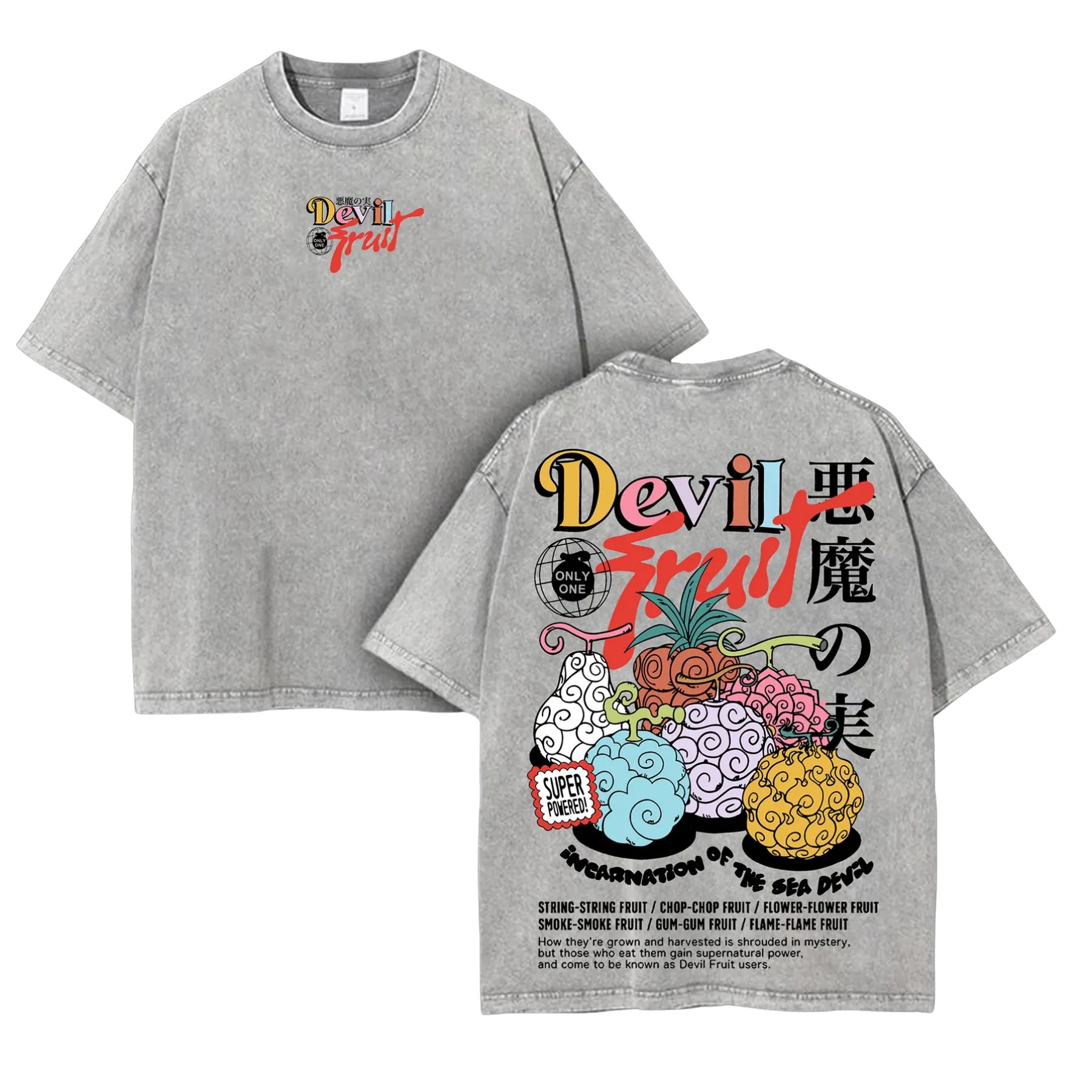 Devil Fruit One Piece Washed Tee – Vintage Manga Graphic Shirt, Oversized Streetwear