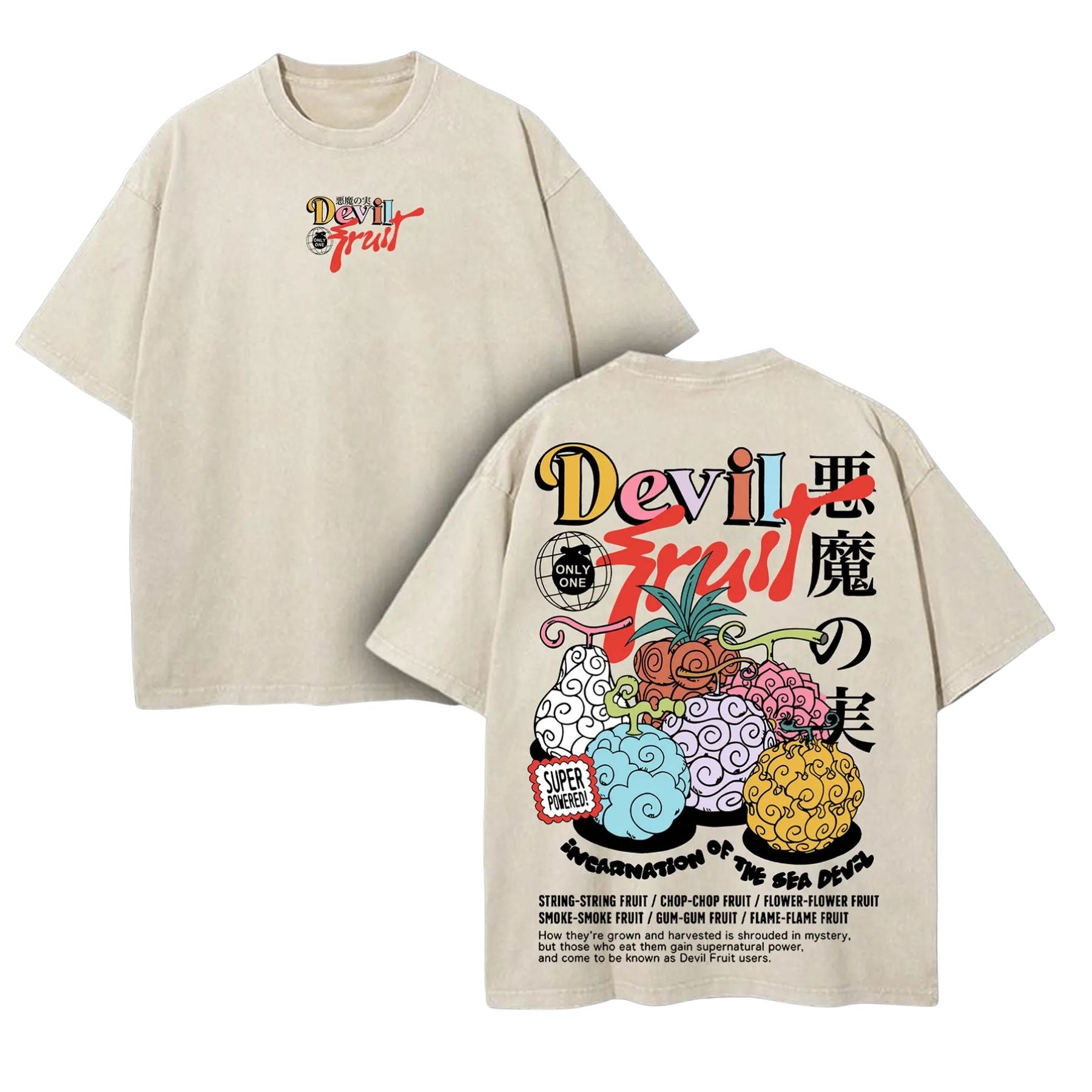 Devil Fruit One Piece Washed Tee – Vintage Manga Graphic Shirt, Oversized Streetwear