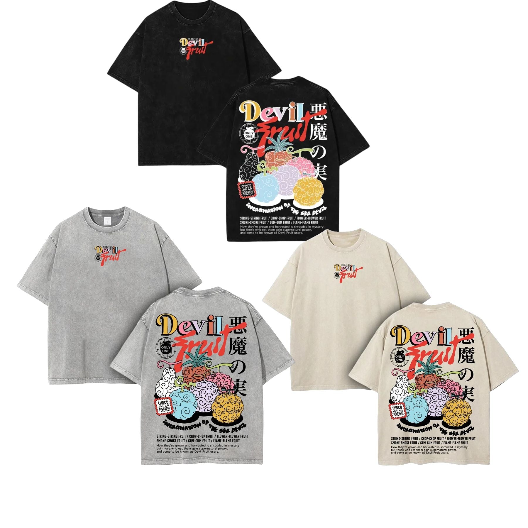 Devil Fruit One Piece Washed Tee – Vintage Manga Graphic Shirt, Oversized Streetwear