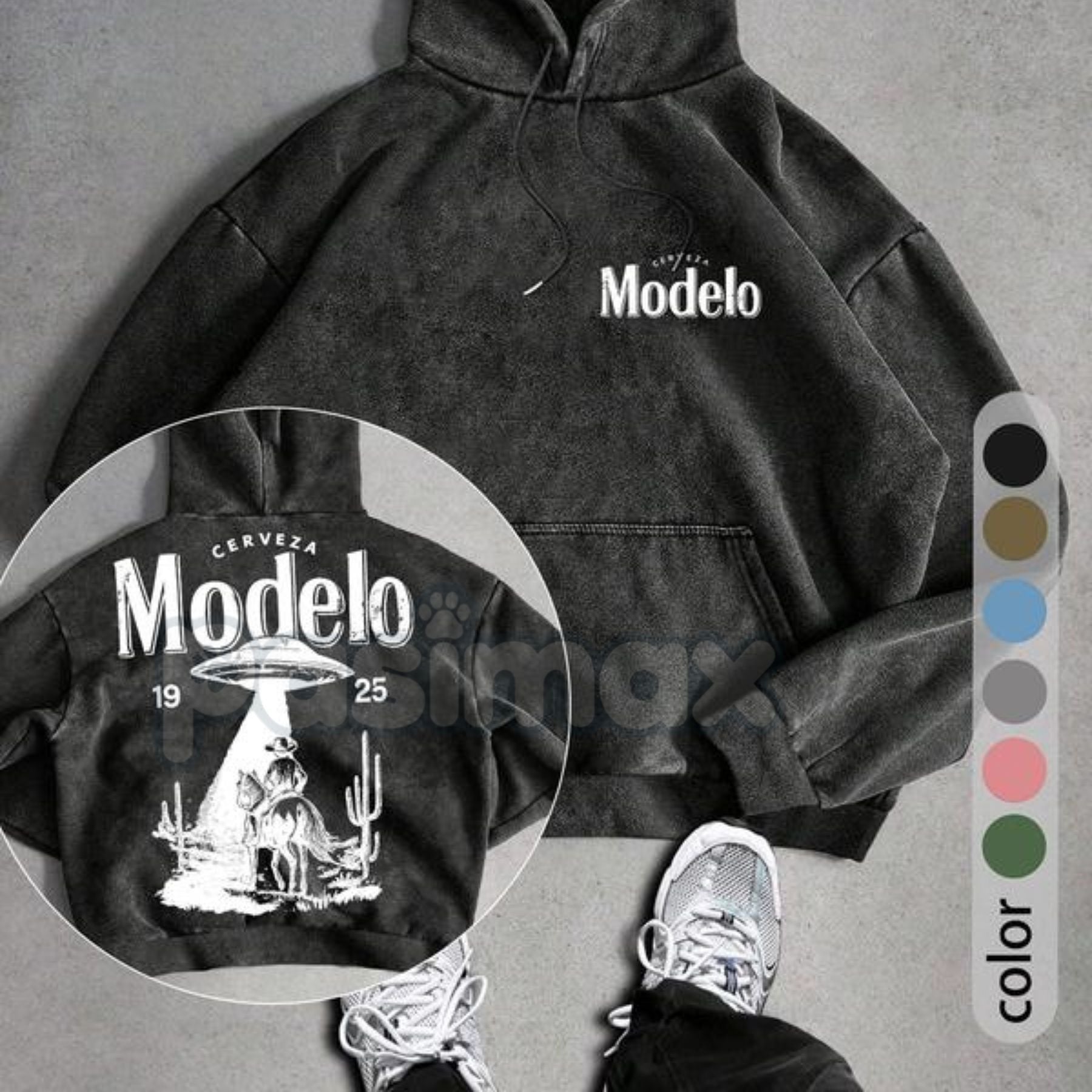 UFO Cowboy Showdown Hoodie – Men's Retro Washed Streetwear, Unique Graphic Pullover