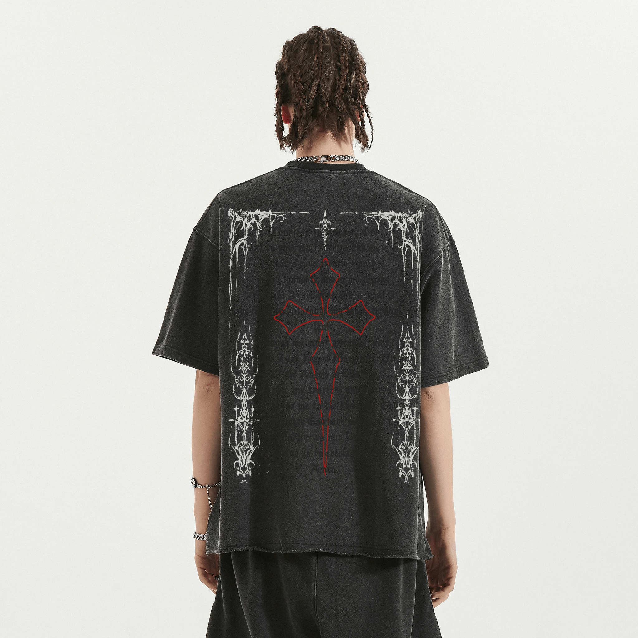 Fallen Angel Garment Dyed Streetwear Tee 260GSM Black Cotton With Faded Raw Hem - FreshFinds