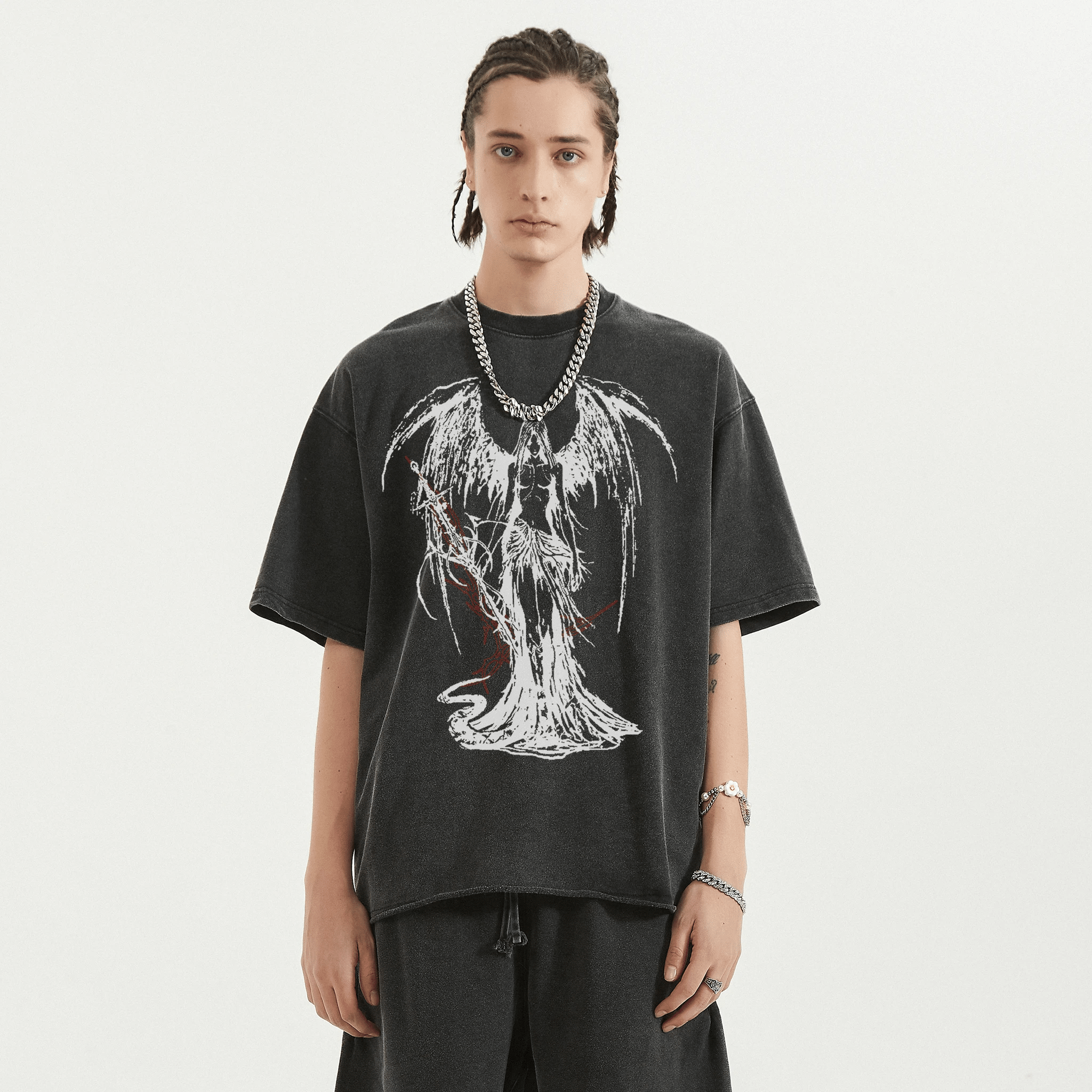 Fallen Angel Garment Dyed Streetwear Tee 260GSM Black Cotton With Faded Raw Hem - FreshFinds