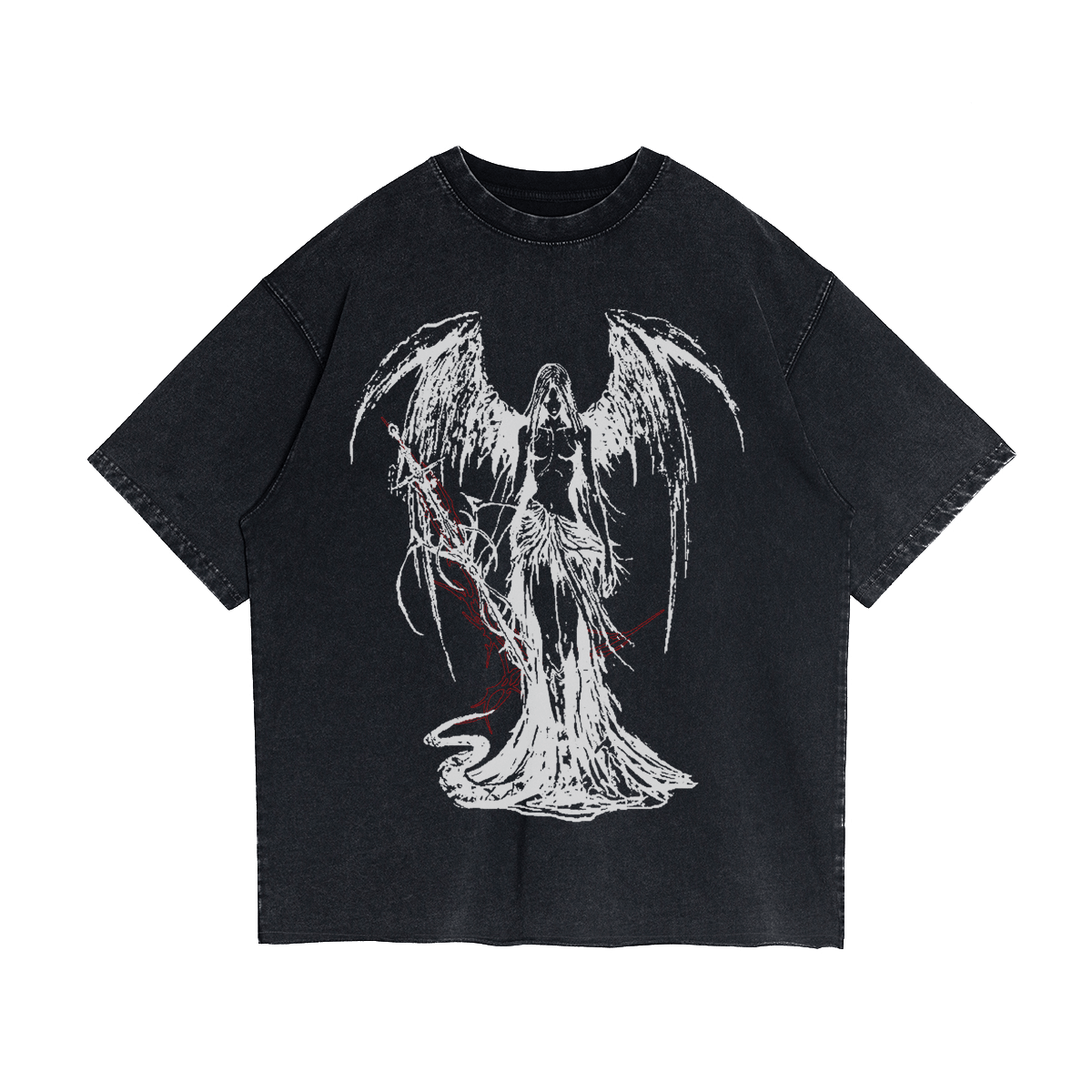 Fallen Angel Garment Dyed Streetwear Tee 260GSM Black Cotton With Faded Raw Hem - FreshFinds