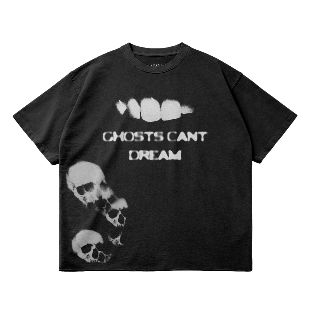 Ghosts Cant Dream Garment Dyed Streetwear Tee 260GSM Black Cotton With Faded Raw Hem - FreshFinds