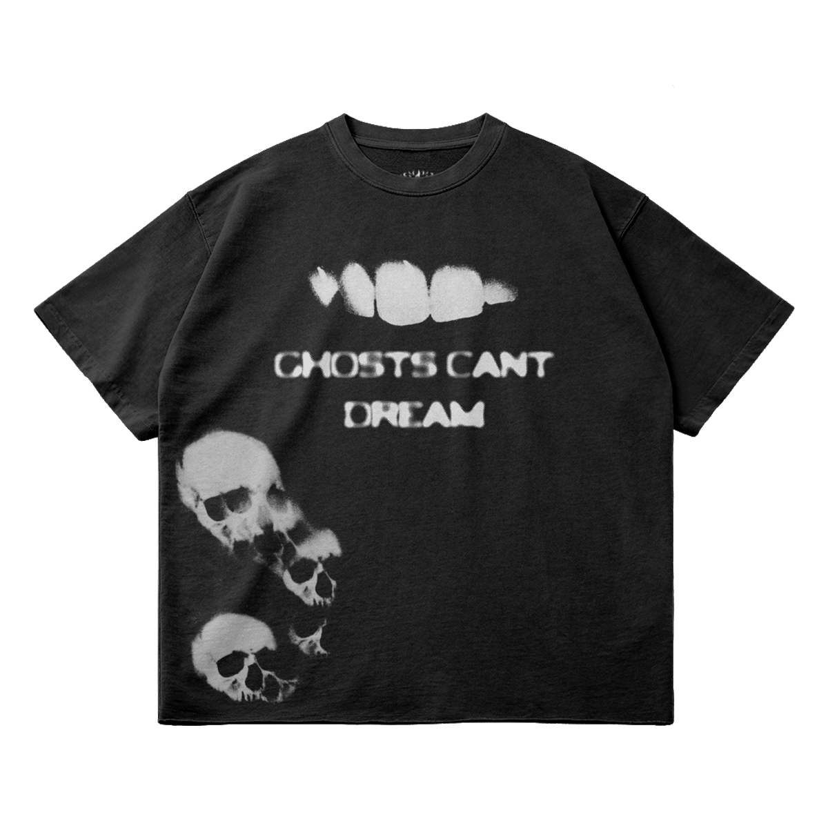 Ghosts Cant Dream Garment Dyed Streetwear Tee 260GSM Black Cotton With Faded Raw Hem - FreshFinds