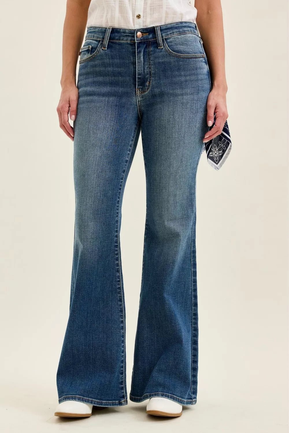 Judy Blue Mid Rise Jaqueline Flare with Triple Needle Back Pkts and Bandana Loop - FreshFinds