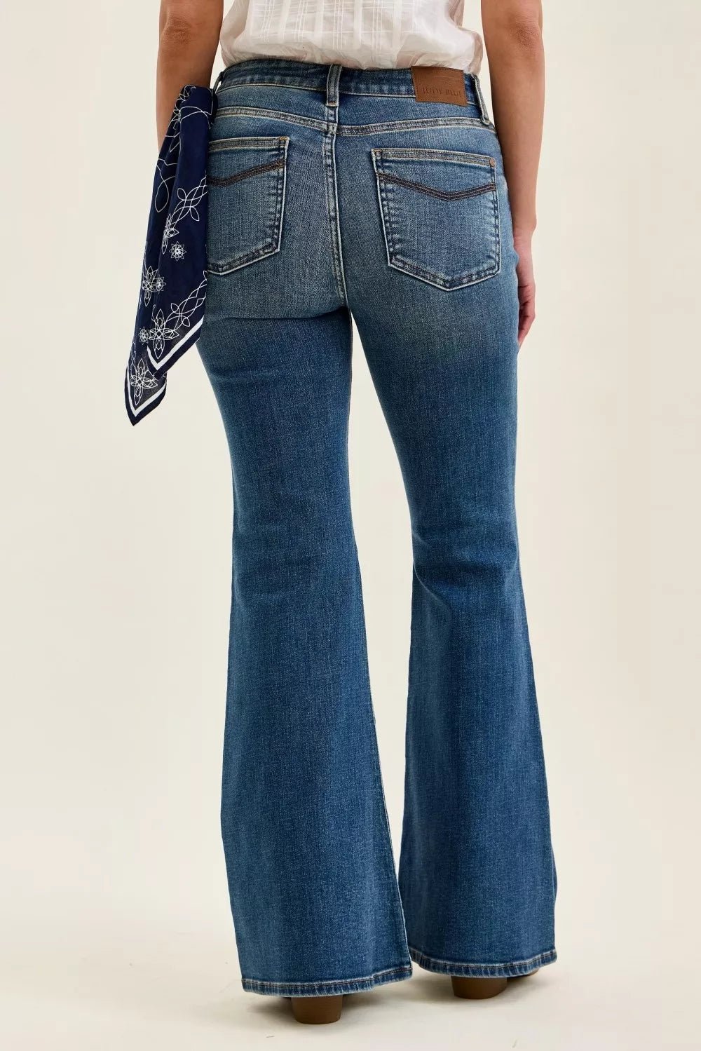 Judy Blue Mid Rise Jaqueline Flare with Triple Needle Back Pkts and Bandana Loop - FreshFinds