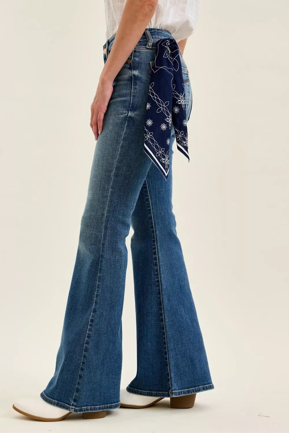 Judy Blue Mid Rise Jaqueline Flare with Triple Needle Back Pkts and Bandana Loop - FreshFinds