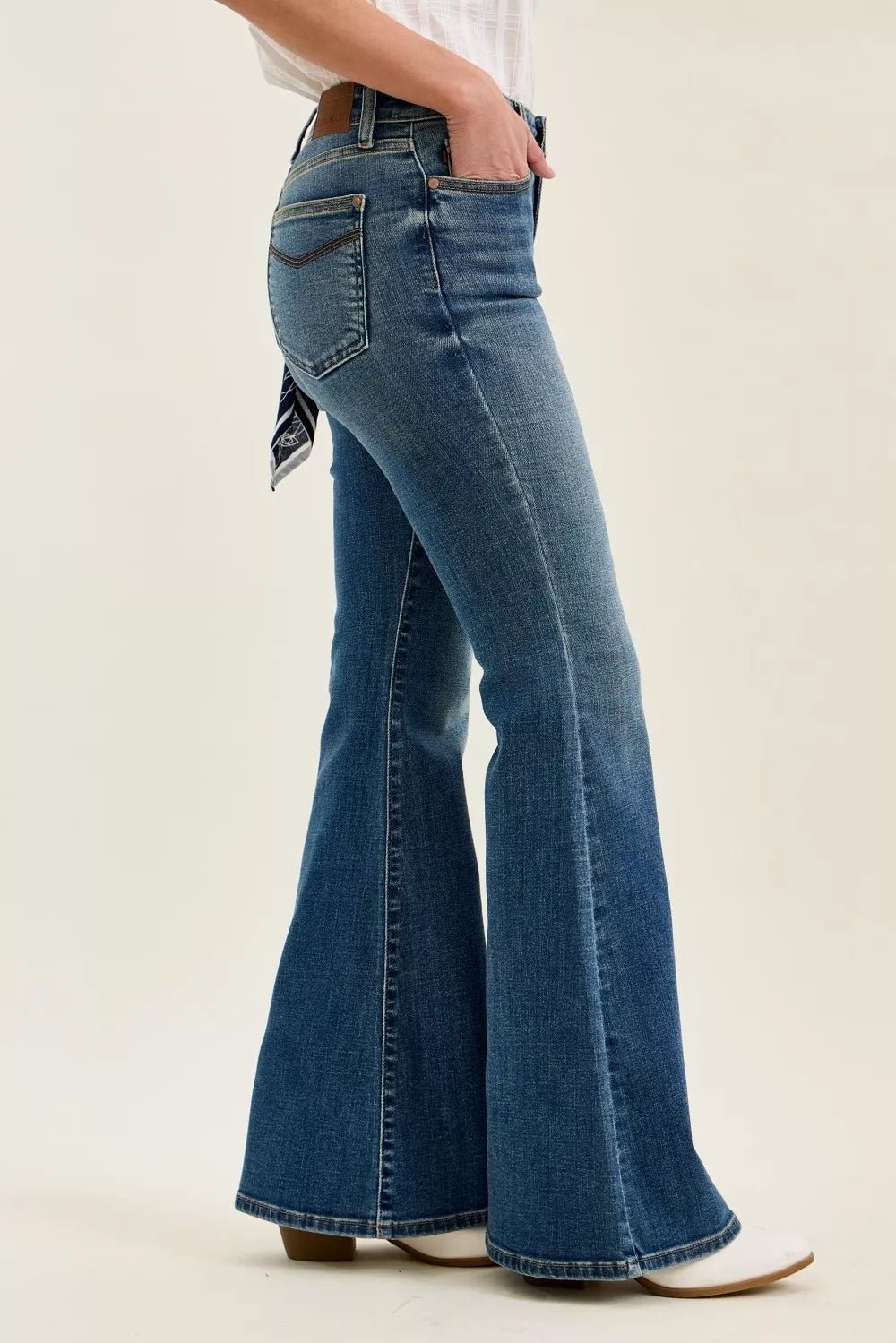 Judy Blue Mid Rise Jaqueline Flare with Triple Needle Back Pkts and Bandana Loop - FreshFinds