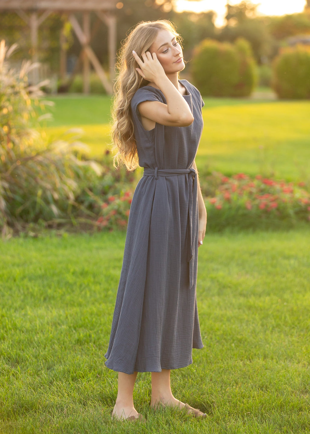 Lily Navy Gauze Belted Midi Dress - FreshFinds