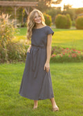 Lily Navy Gauze Belted Midi Dress - FreshFinds