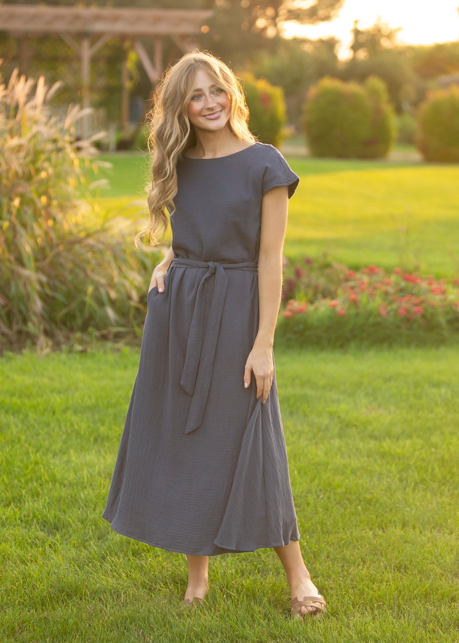 Lily Navy Gauze Belted Midi Dress - FreshFinds