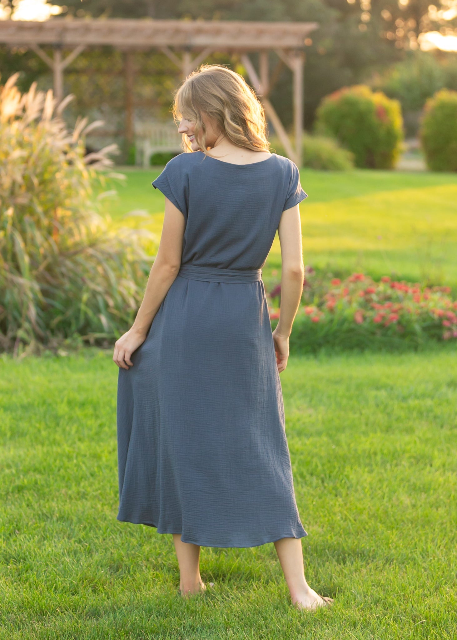 Lily Navy Gauze Belted Midi Dress - FreshFinds