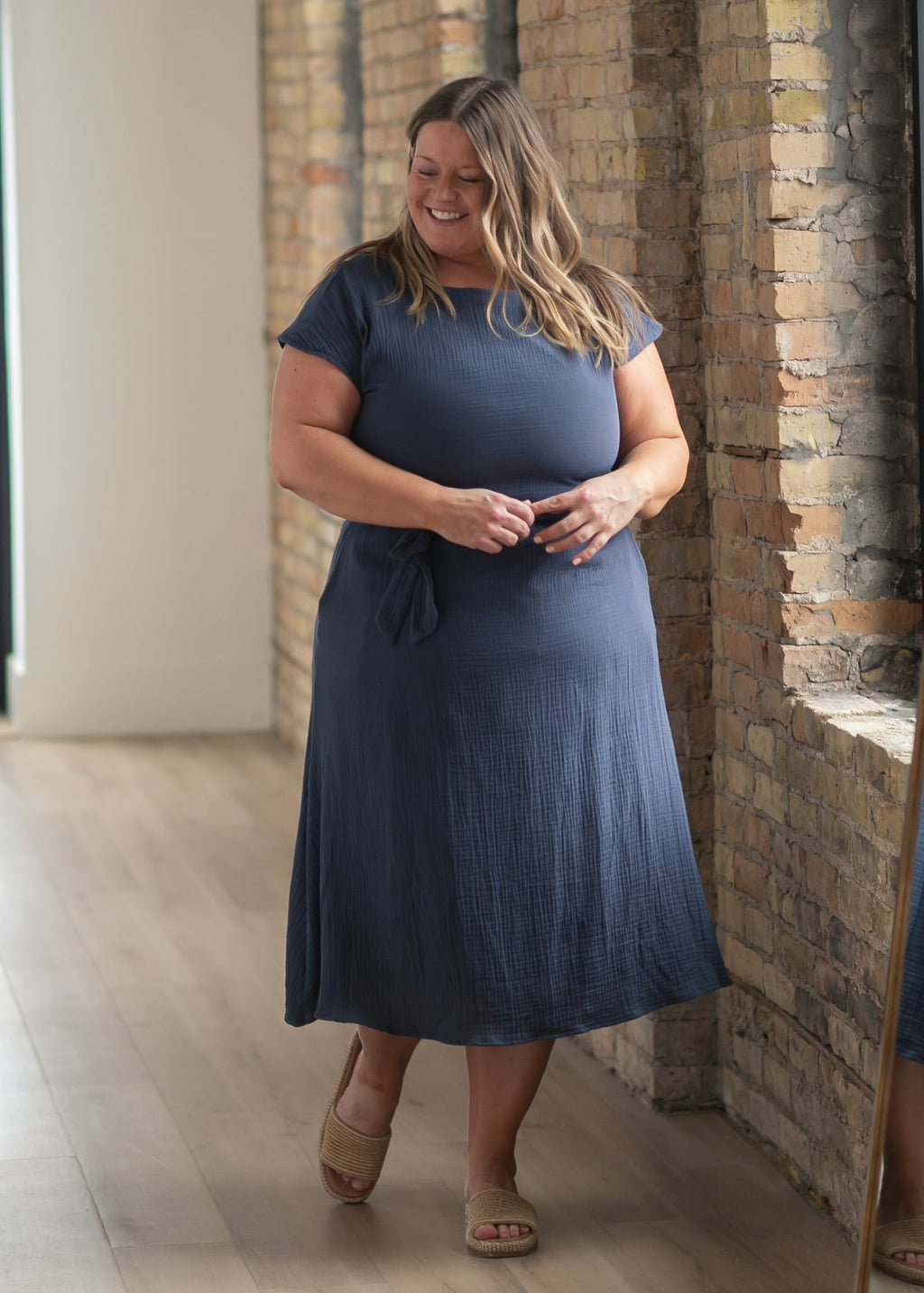 Lily Navy Gauze Belted Midi Dress - FreshFinds