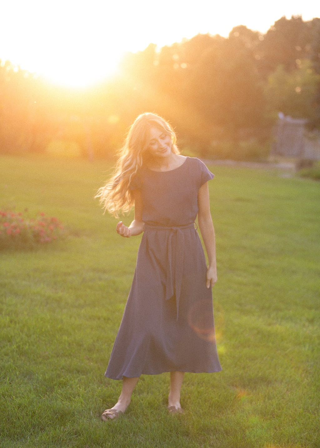 Lily Navy Gauze Belted Midi Dress - FreshFinds