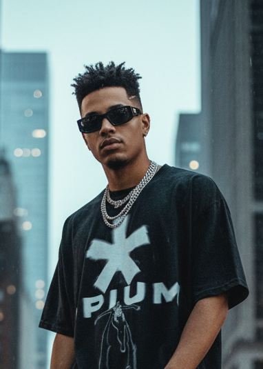 Streetwear model wearing graphic tee